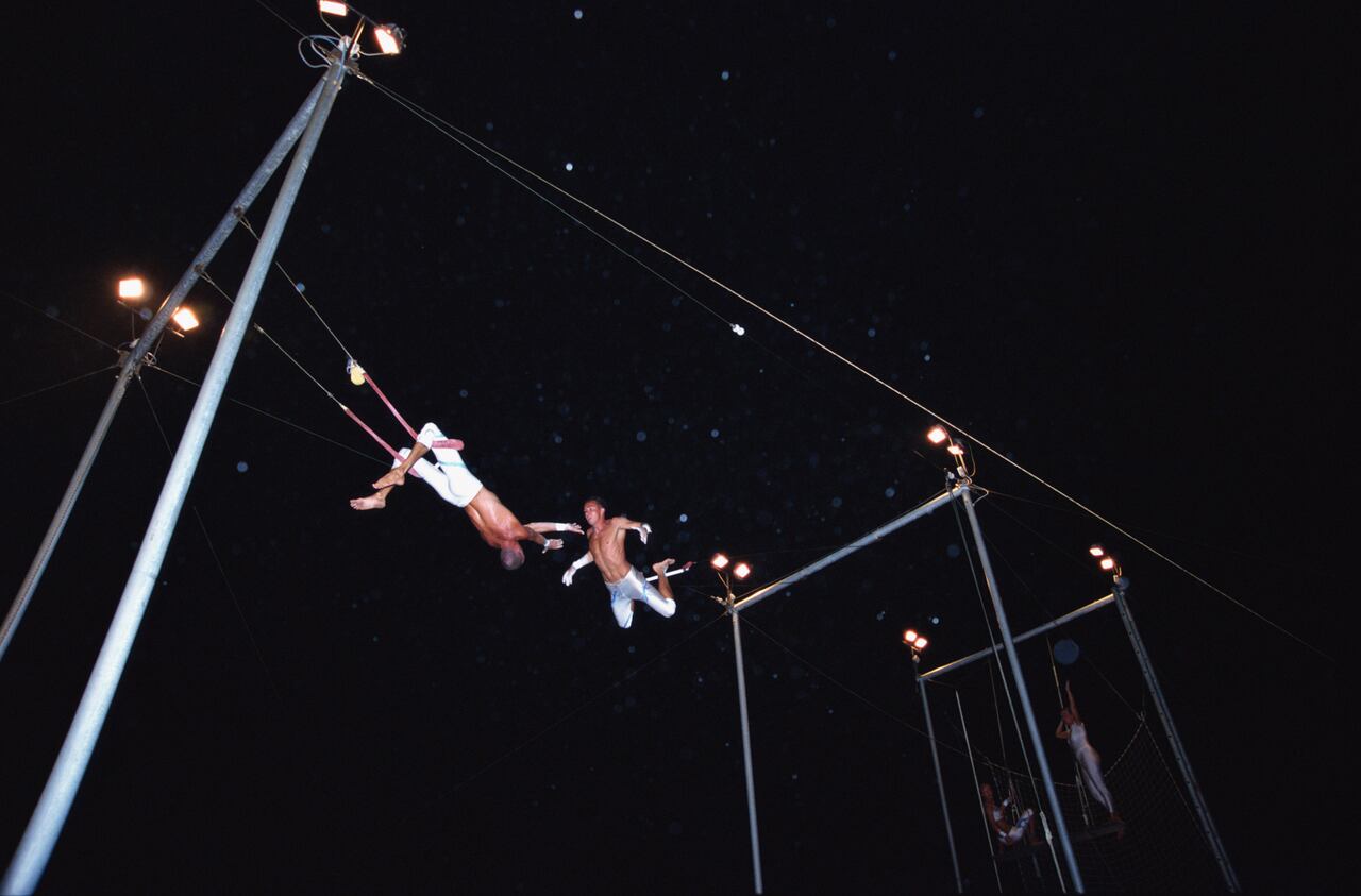 Trapeze artists performing catch, low angle view