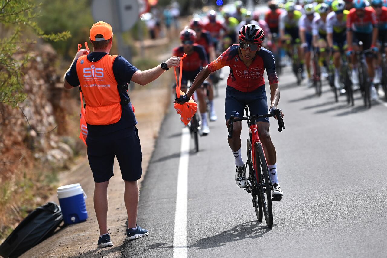 URRIANA, SPAIN - AUGUST 30: Egan Bernal of Colombia and Team INEOS Grenadiers competes in the feeding area during the 78th Tour of Spain 2023, Stage 5 a 184.6km stage from Burriana to Burriana / #UCIWT / on August 30, 2023 in Morella, Spain. (Photo by Tim de Waele/Getty Images)