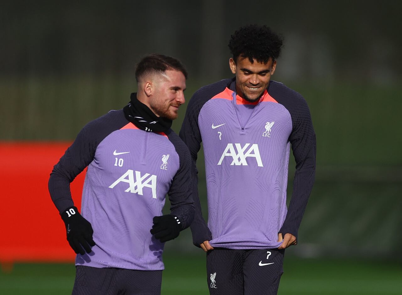 Soccer Football - Europa League - Liverpool Training - AXA Training Centre, Liverpool, Britain - November 8, 2023 Liverpool's Alexis Mac Allister and Luis Diaz during training REUTERS/Carl Reci