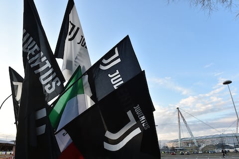 Soccer Football - Serie A - Juventus v Atalanta - Allianz Stadium, Turin, Italy - January 22, 2023 Juventus flags for sale outside the stadium before the match REUTERS/Massimo Pinca