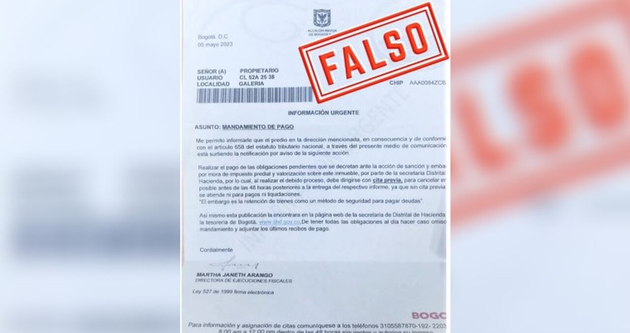 Con cartas como esta, los delincuentes están estafando a los contribuyentes en Bogotá. También envían correos y mensajes de texto.