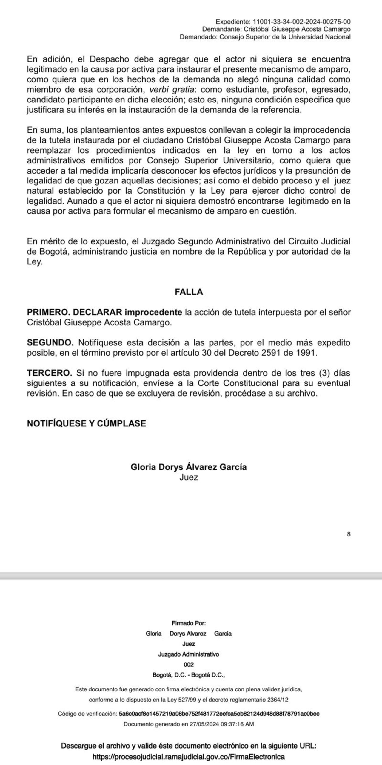 Niegan acción de tutela que pretendía tumbar el nombramiento de José Ismael Peña como rector de la Universidad Nacional
