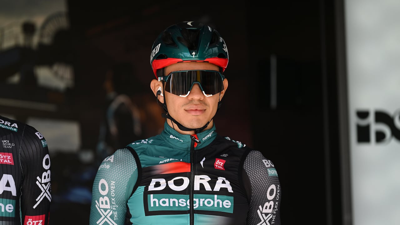 CRISSIER, SWITZERLAND - APRIL 26: Sergio Higuita of Colombia and Team BORA-Hansgrohe prior to the 76th Tour De Romandie 2023, Stage 1 a 170.9km stage from Crissier to Vallée de Joux 1019m / #UCIWT / on April 26, 2023 in Crissier, Switzerland. (Photo by Dario Belingheri/Getty Images)