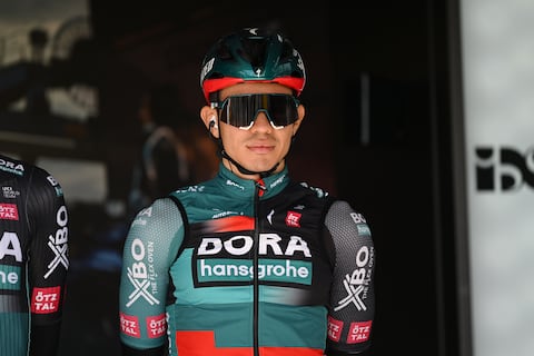 CRISSIER, SWITZERLAND - APRIL 26: Sergio Higuita of Colombia and Team BORA-Hansgrohe prior to the 76th Tour De Romandie 2023, Stage 1 a 170.9km stage from Crissier to Vallée de Joux 1019m / #UCIWT / on April 26, 2023 in Crissier, Switzerland. (Photo by Dario Belingheri/Getty Images)
