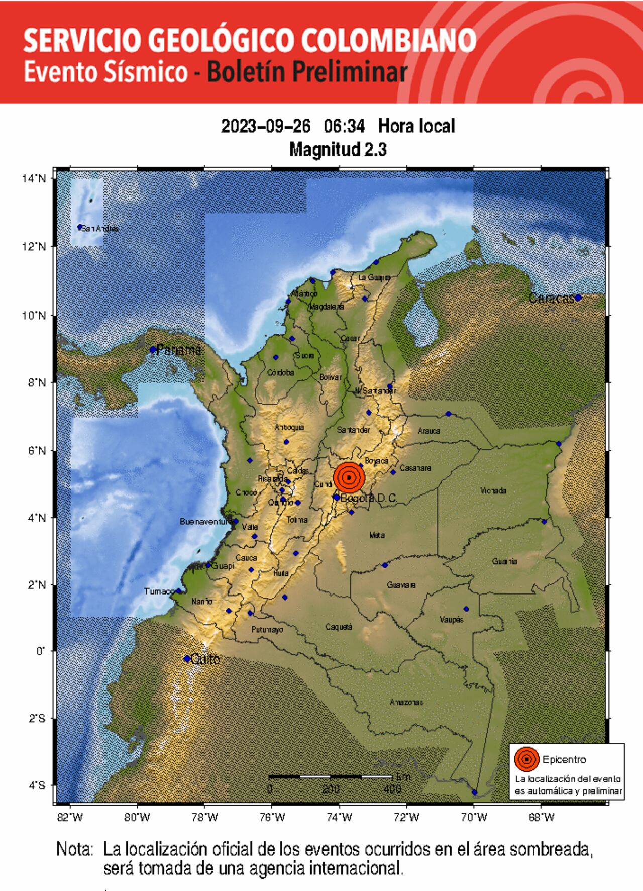 El tercero de estos sismos ocurrió a las 6:34 a. m. y tuvo su epicentro en Chocontá, Cundinamarca.