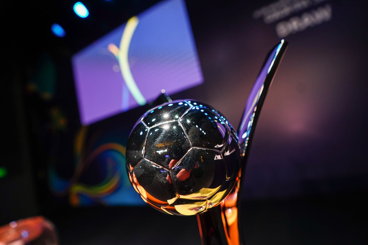 BOGOTA, COLOMBIA - JUNE 5: The FIFA U-20 Women's World Cup Trophy is seen on stage during group draw for the FIFA U-20 Women's World Cup Colombia 2024 on June 5, 2024 in Bogota, Colombia. (Photo by Andres Rot - FIFA/FIFA via Getty Images)