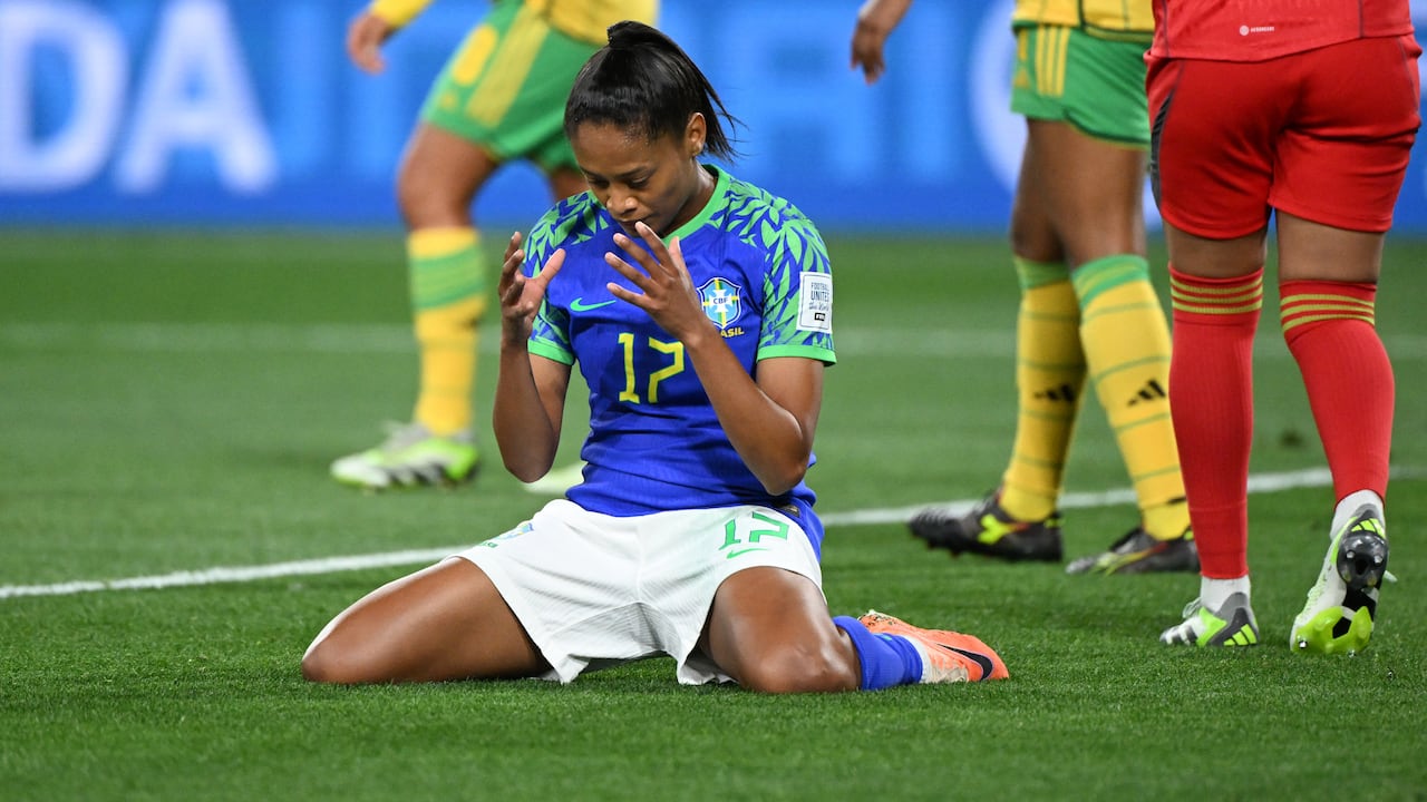 Brazil's midfielder #17 Ariadina Borges reacts during the Australia and New Zealand 2023 Women's World Cup Group F football match between Jamaica and Brazil at Melbourne Rectangular Stadium, also known as AAMI Park, in Melbourne on August 2, 2023. (Photo by WILLIAM WEST / AFP)