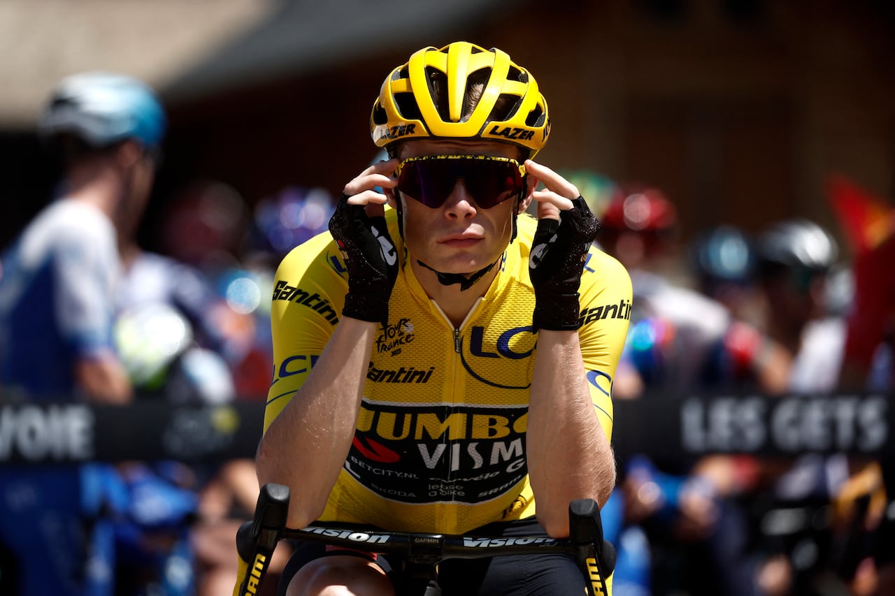 Cycling - Tour de France - Stage 15 - Les Gets Les Portes Du Soleil to Saint-Gervais Mont-Blanc - France - July 16, 2023 Team Jumbo–Visma's Jonas Vingegaard wearing the yellow jersey ahead of stage 15 REUTERS/Benoit Tessier