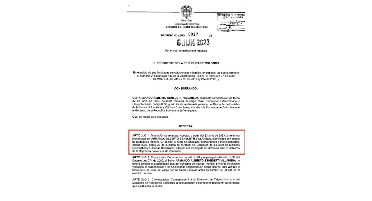 Armando Benedetti sigue siendo embajador de Colombia en Venezuela, en medio del escándalo desatado por sus explosivos audios. Aquí está el decreto