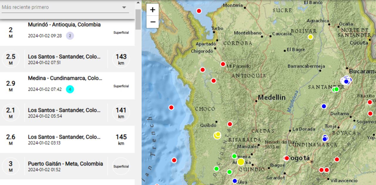 El SGC reporta en tiempo real los movimientos sísmicos que ocurren en el territorio colombiano.