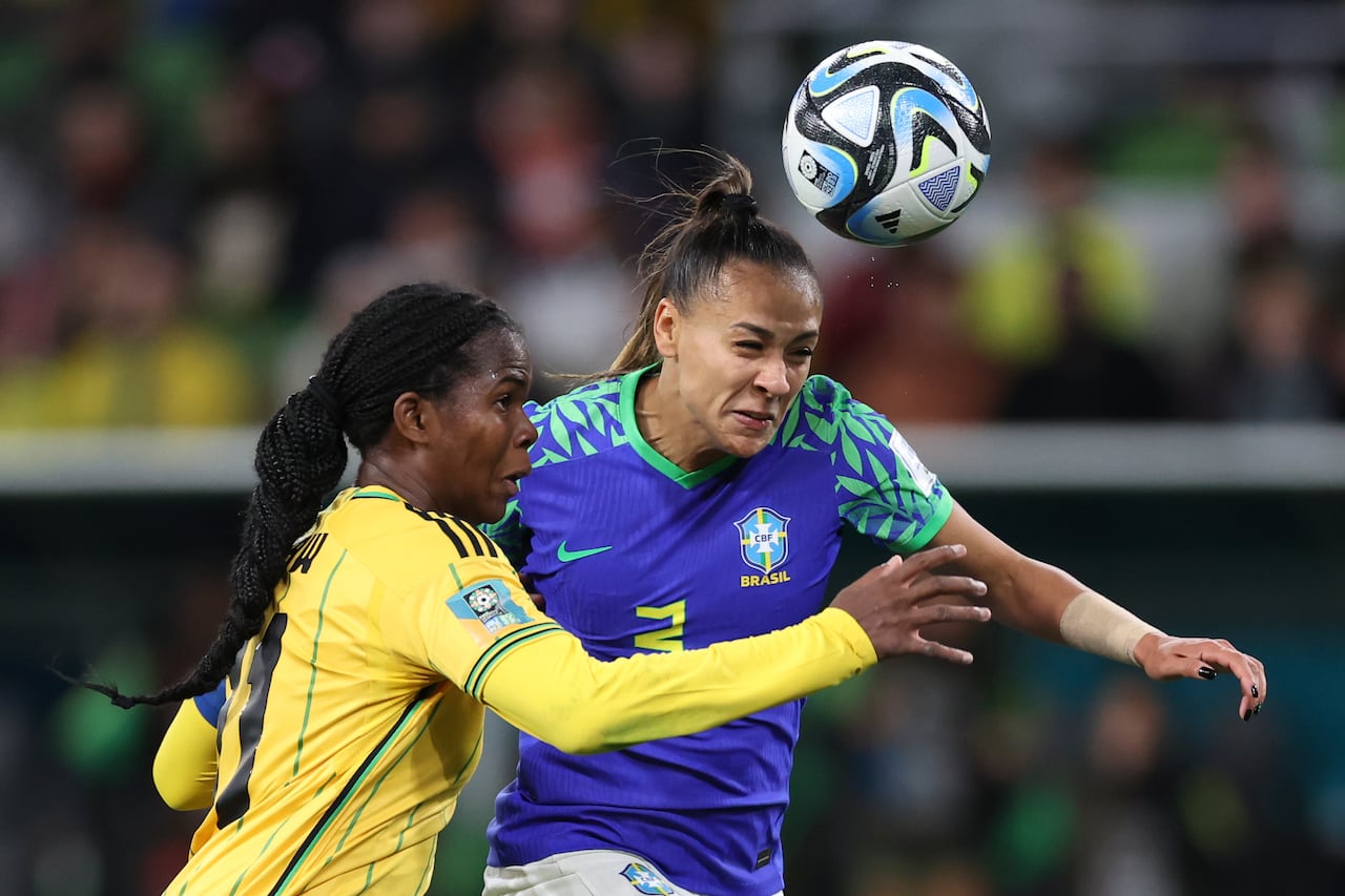 Jamaica's Khadija Shaw in action against Brazil's Kathellen during the Women's World Cup Group F soccer match between Jamaica and Brazil in Melbourne, Australia, Wednesday, Aug. 2, 2023. (AP Photo/Victoria Adkins)