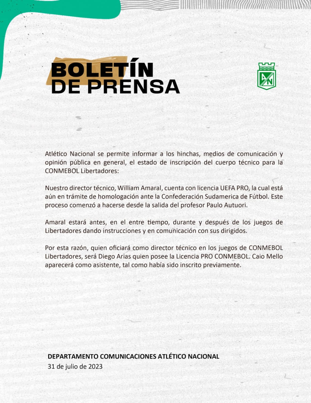 Comunicado Atlético Nacional.