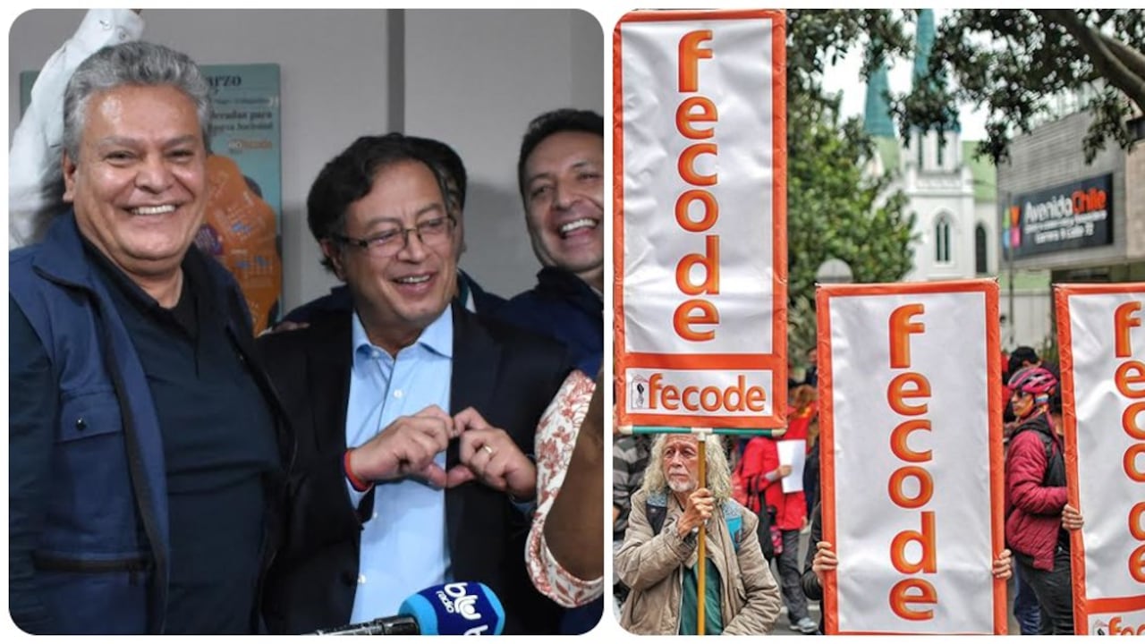 En la izquierda: Gustavo Petro con los directivos de Fecode que le autorizaron 500 millones para su campaña presidencial. A la derecha: las movilizaciones de Fecode. (Foto: Archivo).