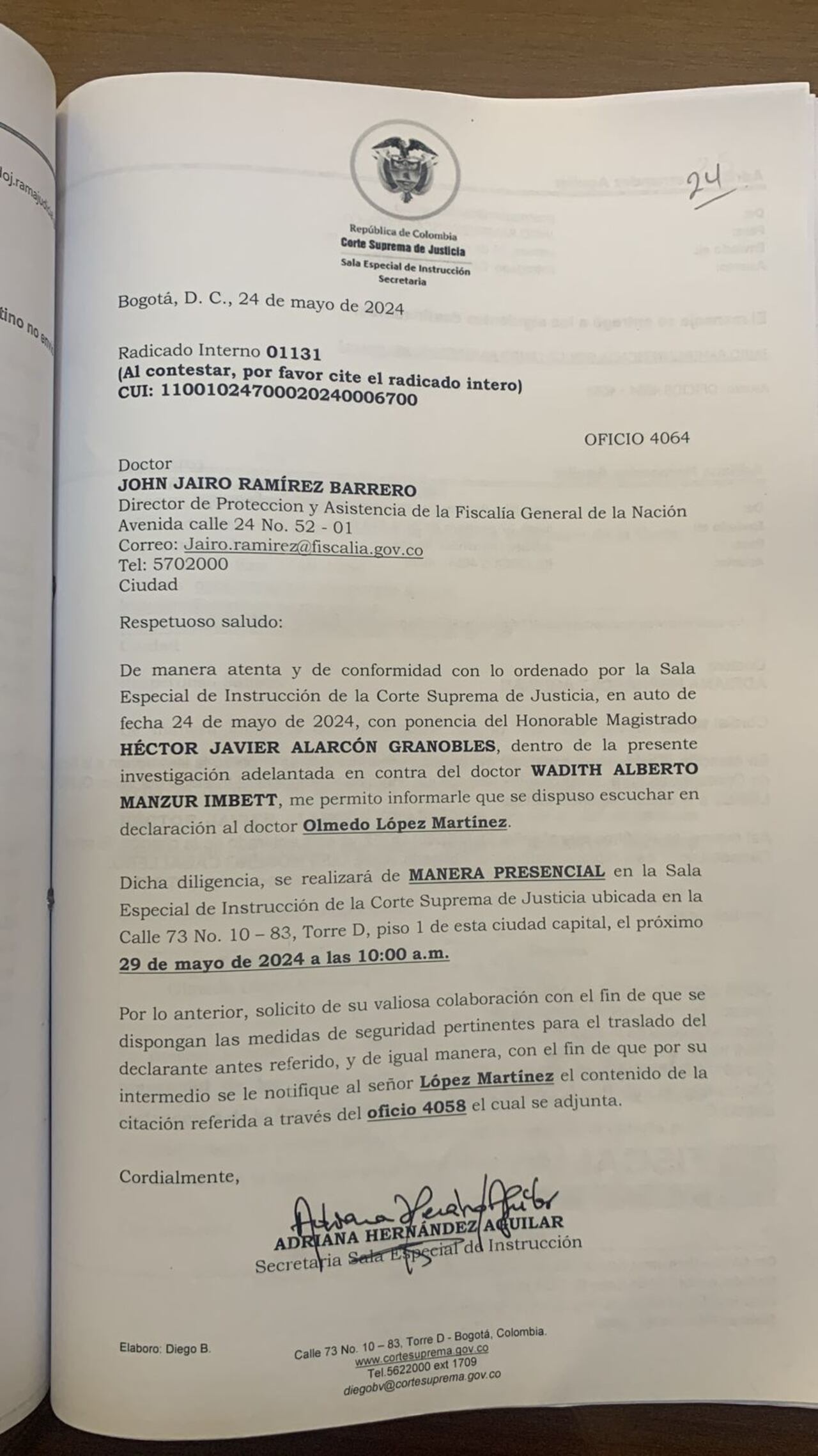 Corte Suprema de Justicia notificó al exdirector de la UNGRD, Olmedo López.