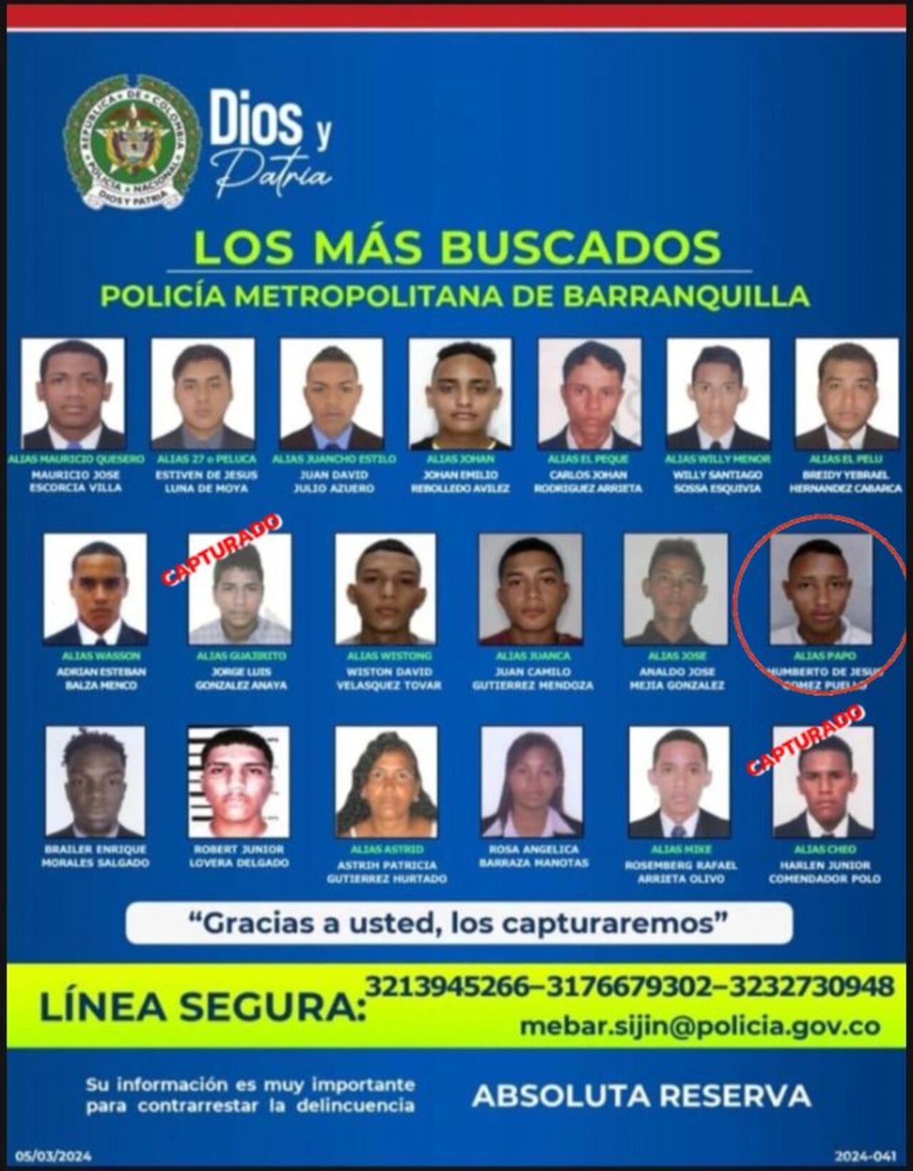 Cartel de los más buscados por la Policía de Barranquilla.
