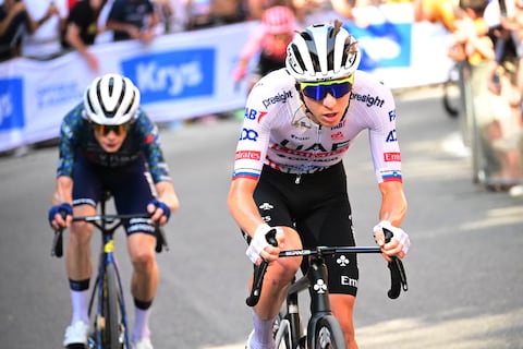 BOLOGNA, ITALY - JUNE 30: (L-R) Jonas Vingegaard Hansen of Denmark and Team Visma | Lease a Bike and Tadej Pogacar of Slovenia and UAE Team Emirates attack in the chase group during the 111th Tour de France 2024, Stage 2 a 199.2km stage from Cesenatico to Bologna / #UCIWT / on June 30, 2024 in Bologna, Italy. (Photo by Bernard Papon - Pool/Getty Images)