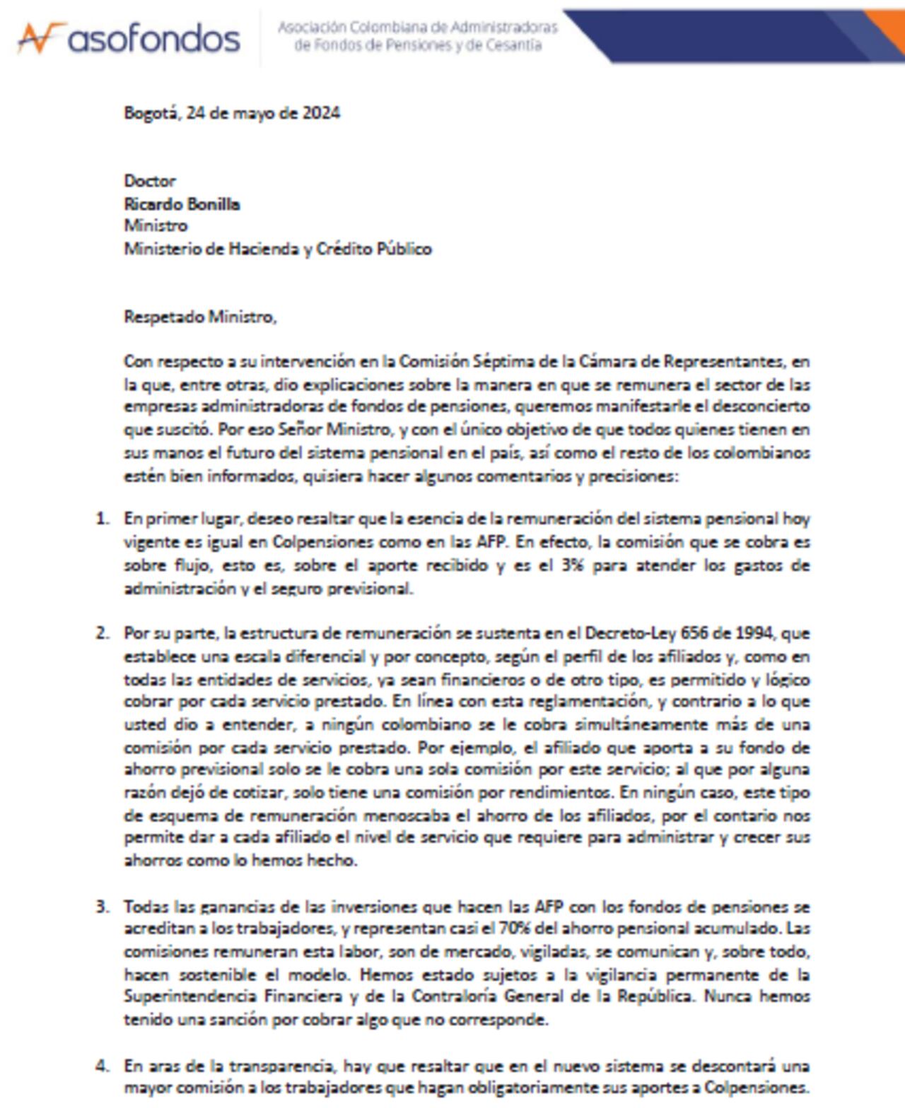 La carta de Asofondos al ministro de Hacienda, aclara que las comisiones son iguales para las AFP y Colpensiones.