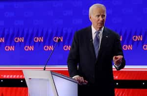 Democrat candidate, U.S. President Joe Biden, points during a presidential debate with Republican candidate, former U.S. President Donald Trump, in Atlanta, Georgia, U.S., June 27, 2024. REUTERS/Brian Snyder