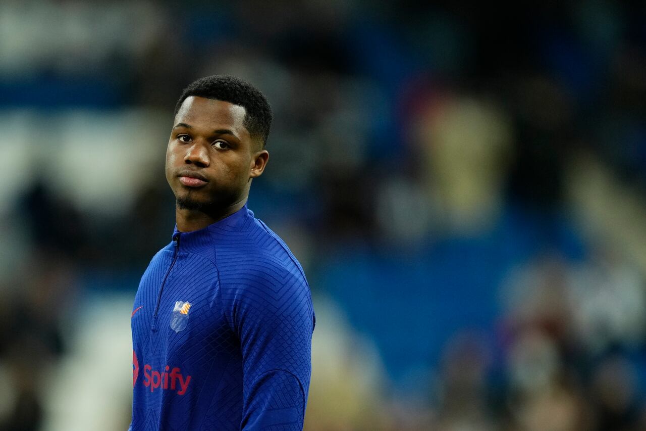 Ansu Fati left winger of Barcelona and Spain during the warm-up before the Copa del Rey semi-final first leg match between Real Madrid and FC Barcelona at Estadio Santiago Bernabeu on March 2, 2023 in Madrid, Spain. (Photo by Jose Breton/Pics Action/NurPhoto via Getty Images)