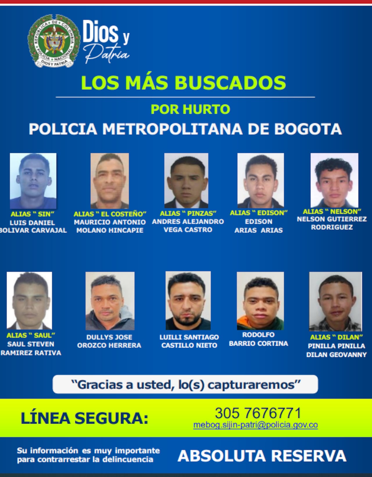 La Policía reveló el cartel de los más buscados en Bogotá.