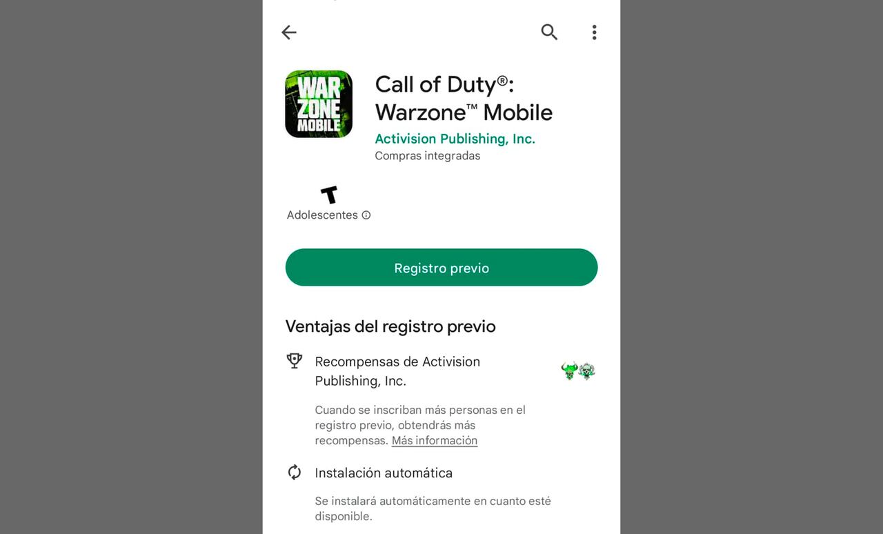 Pre registro para jugar Call of Duty: Warzone Mobile en Android.