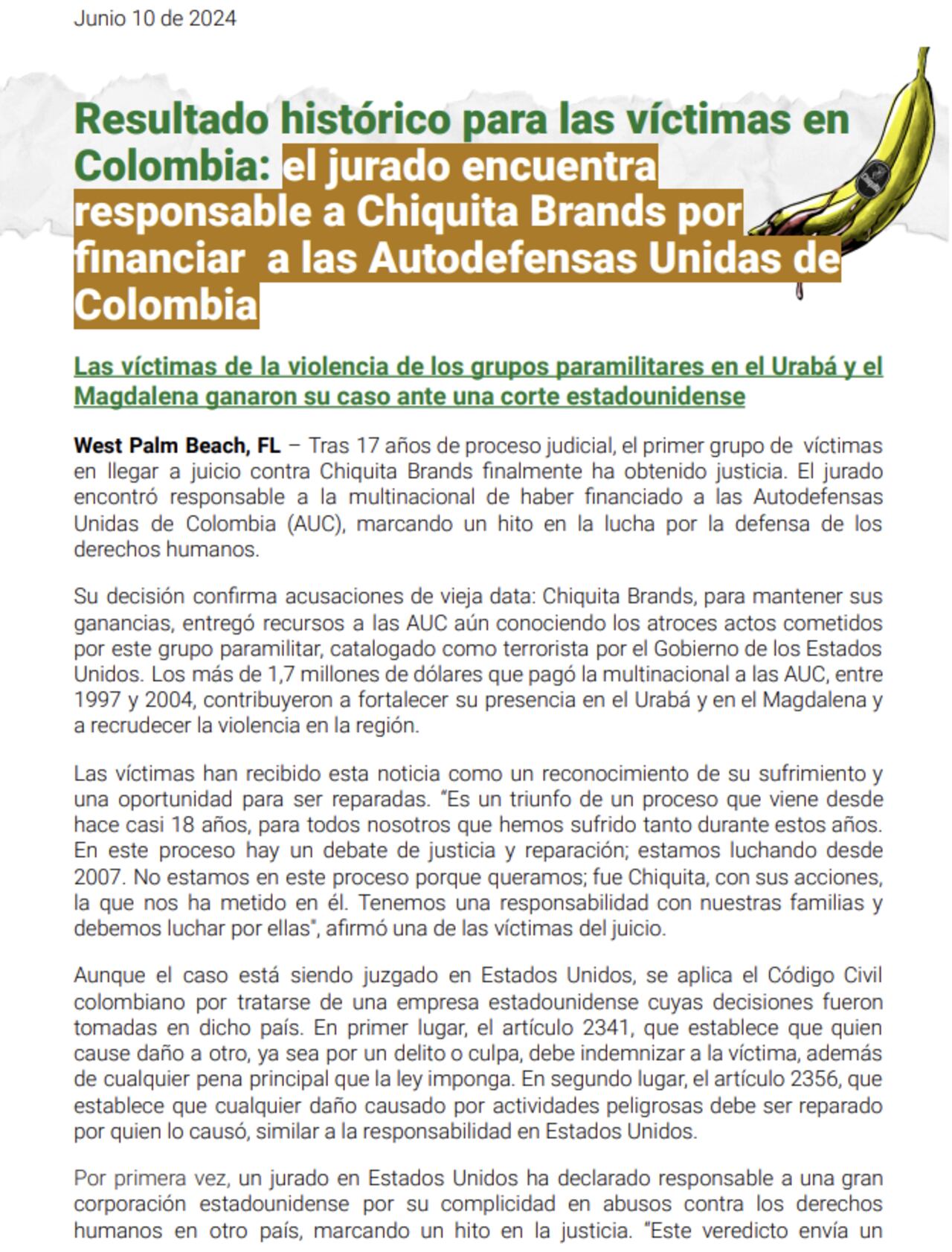 Este es el comunicado con el que EarthRights International (ERI) informó sobre el veredicto de la corte federal de EE.UU., que ordenó a Chiquita Brands a indemnizar a las víctimas de las AUC.