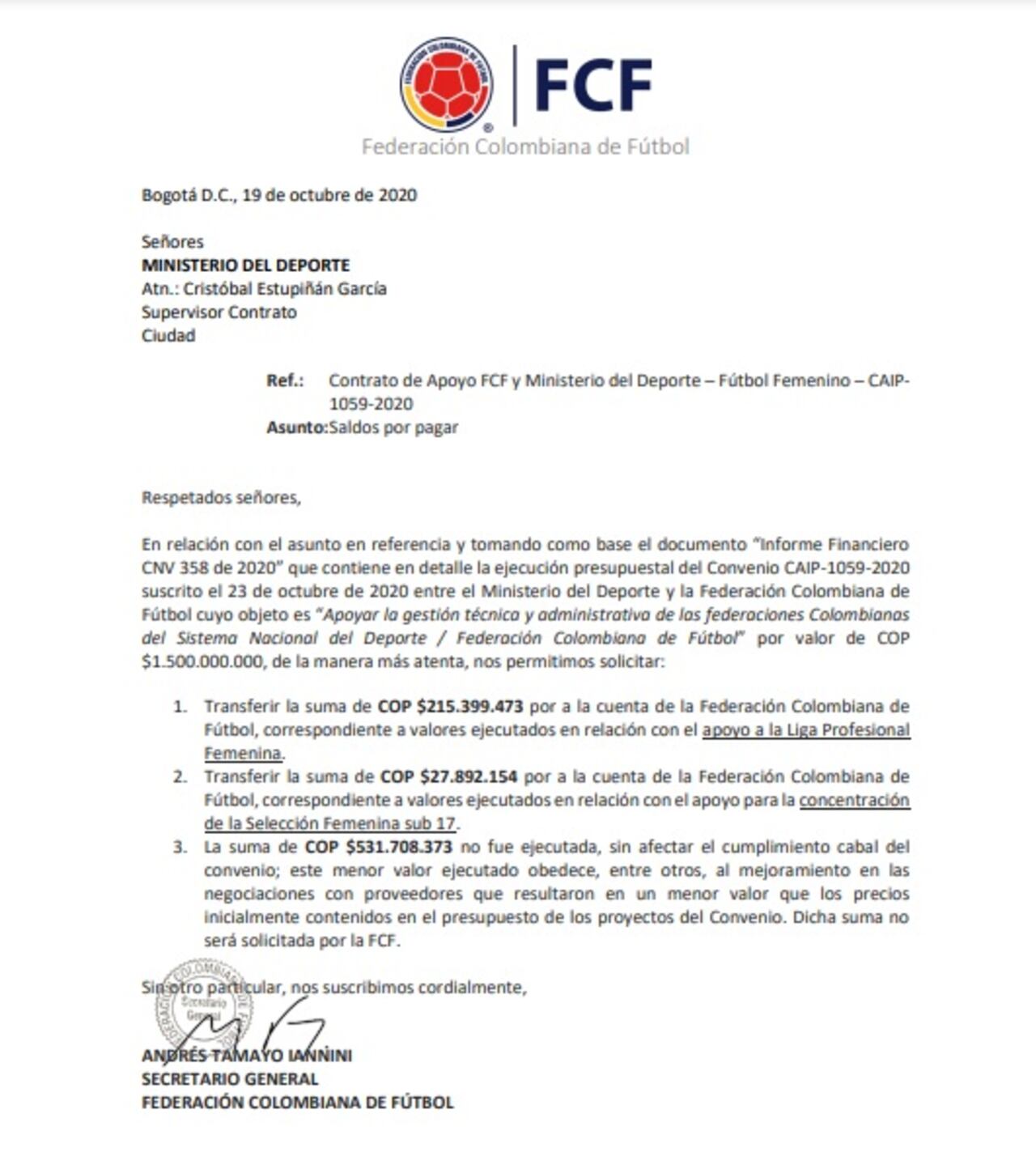 Carta de FCF a MIndeporte: recursos liga femenina 2020