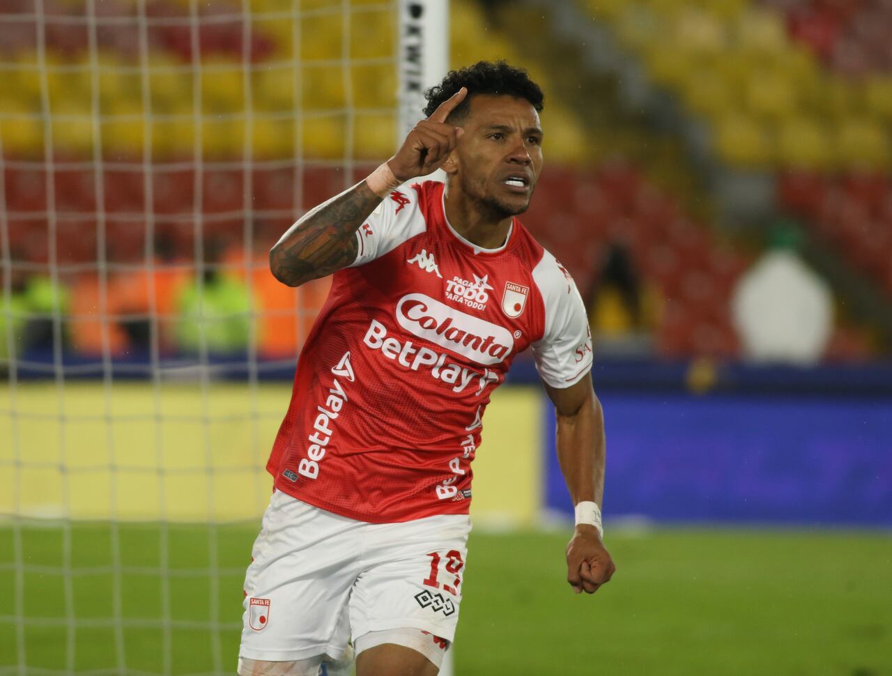 Independiente Santa Fe's Wilson Morelo celebrates the third goal against Millonarios in matchday 17 of the Liga BetPlay DIMAYOR II 2022 at the Nemesio Camacho El Campin stadium in the city of Bogota. (Photo by Daniel Garzon Herazo/NurPhoto via Getty Images)