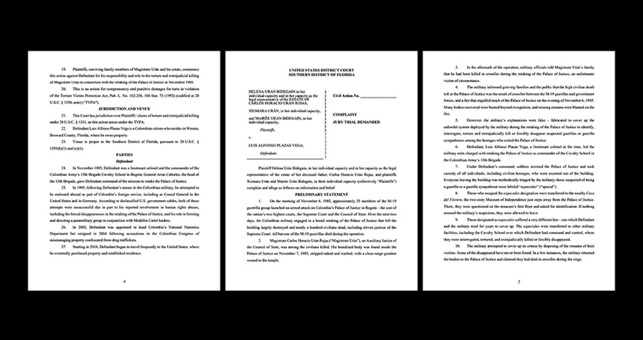   El coronel (r) Plazas Vega fue demandado ante la justicia de los Estados Unidos por ejecución extrajudicial y tortura. 