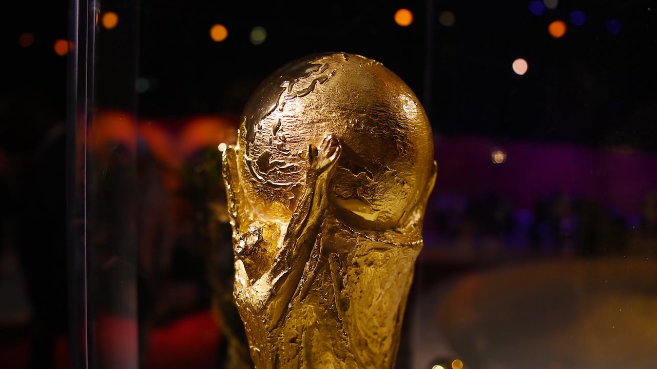 DOHA, QATAR - APRIL 01: A detailed view of the Fifa World Cup Trophy ahead of the FIFA World Cup Qatar 2022 Final Draw at the Doha Exhibition Center on April 01, 2022 in Doha, Qatar. (Photo by Michael Regan - FIFA/FIFA via Getty Images)