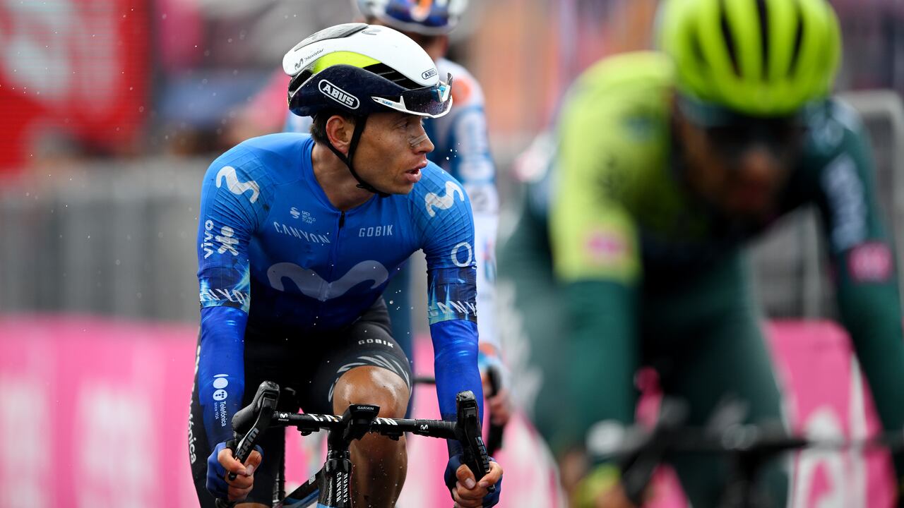 PASSO BROCON, ITALY - MAY 22: Einer Rubio of Colombia and Movistar Team crosses the finish line during the 107th Giro d'Italia 2024, Stage 17 a 159km stage from Selva di Val Gardena to Passo Brocon 1604m / #UCIWT / on May 22, 2024 in Passo Brocon, Italy. (Photo by Tim de Waele/Getty Images)