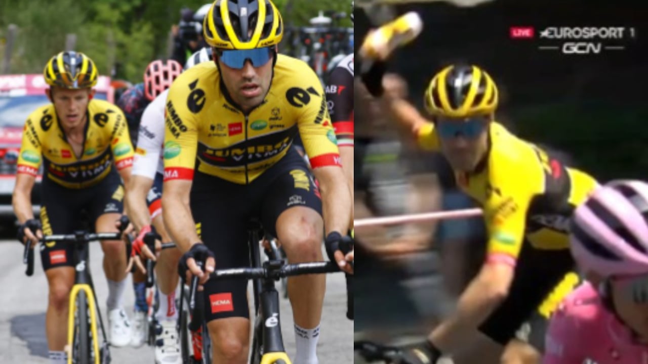 El video viral del divertido momento en el que Tom Dumoulin amenaza con un bidón al líder del Giro.