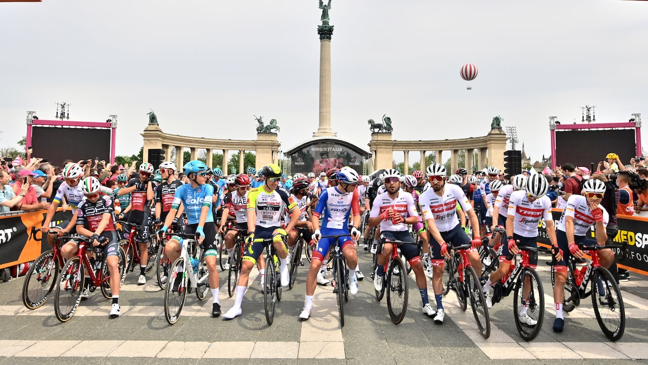 Cyclist line up for the start of of the 105th edition of the Tour of Italy cycling race in Budapest's Heroes square, Hungary, Friday, May 6, 2022. (Massimo Paolone/LaPresse via AP)