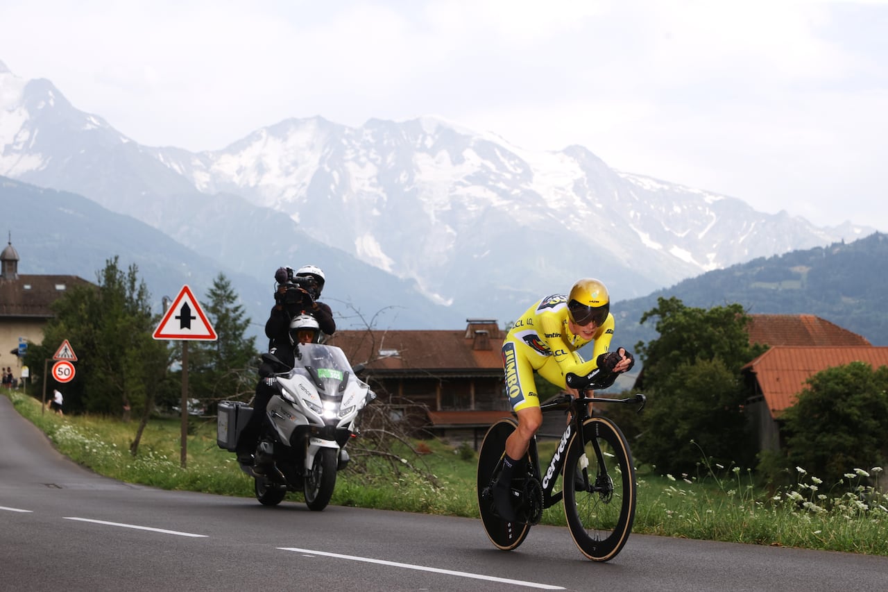 COMBLOUX, FRANCE - JULY 18: Jonas Vingegaard of Denmark and Team Jumbo-Visma - Yellow Leader Jersey sprints during the stage sixteen of the 110th Tour de France 2023 a 22.4km individual climbing time trial stage from Passy to Combloux 974m / #UCIWT / on July 18, 2023 in Combloux, France. (Photo by Michael Steele/Getty Images)