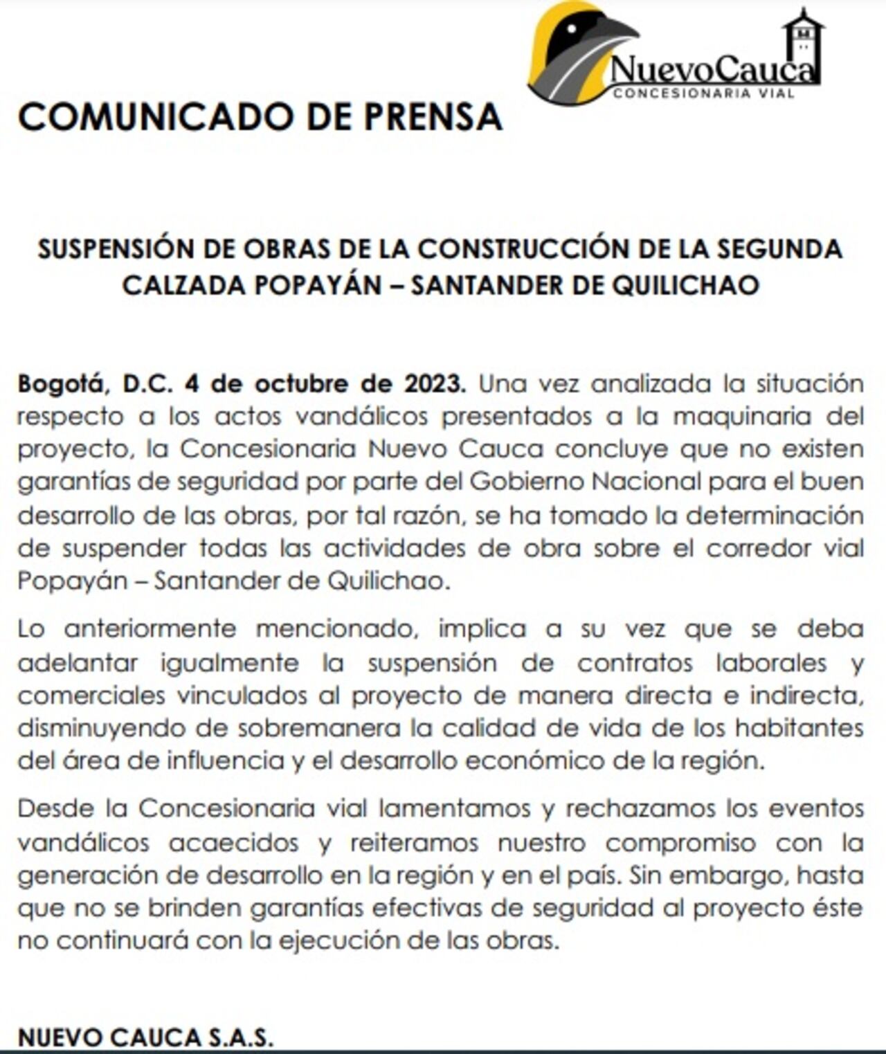 Concesionario Nuevo Cauca alerta sobre problemas de orden público.