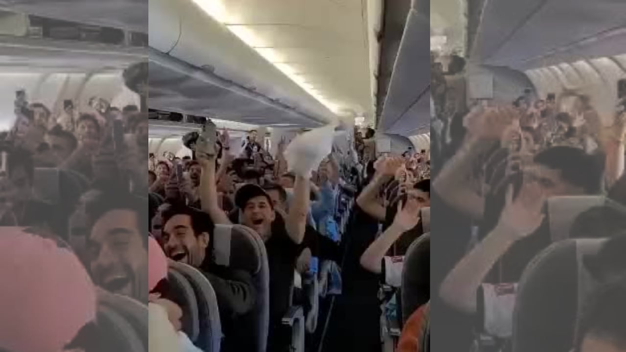 Aficionados argentinos en avión yendo a Catar.