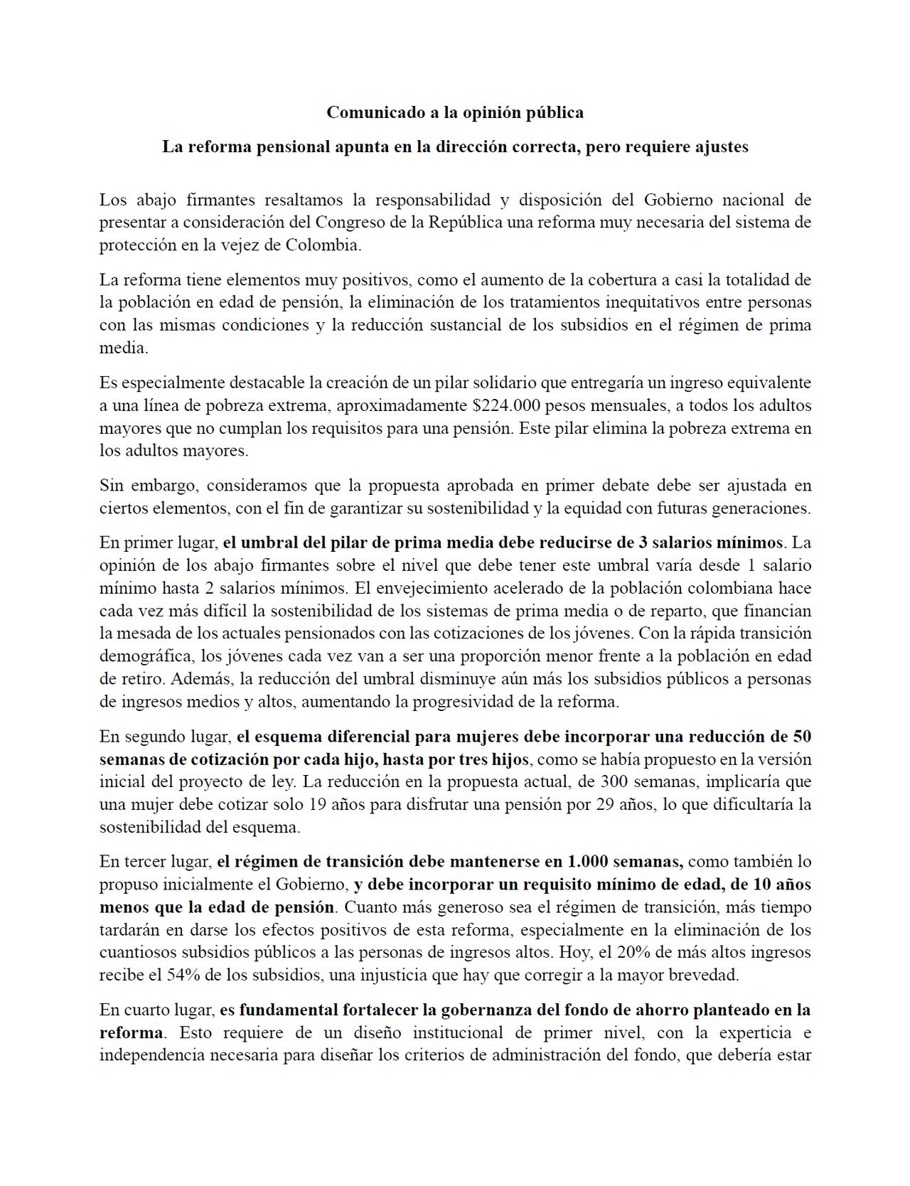 Comunicado de Fedesarrollo firmado por diferentes personas públicas sobre la reforma pensional.