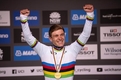 WOLLONGONG, AUSTRALIA - SEPTEMBER 25: Winner Remco Evenepoel of Belgium during the Medal Ceremony following the Men Road Race during the 95th UCI Road World Championships 2022 on September 25, 2022 in Wollongong, Australia. (Photo by Action Plus/BSR Agency/Getty Images)