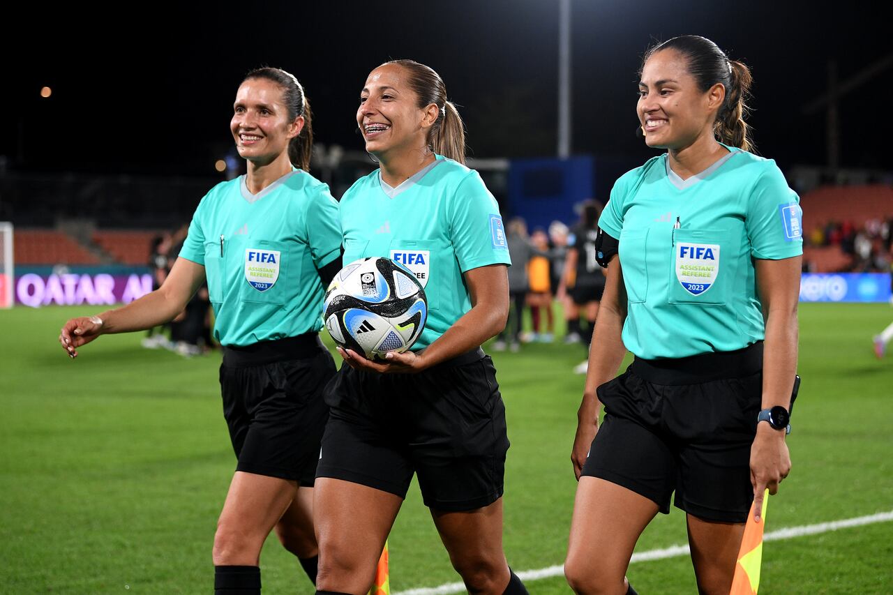 HAMILTON, NEW ZEALAND - FEBRUARY 17: Referees Mary Blanco, Emikar Calderas and Migdalia Rodriguez leave the field of play during the International Friendly match between New Zealand and Portugal as part of the 2023 FIFA World Cup Play Off Tournament at Waikato Stadium on February 17, 2023 in Hamilton, New Zealand. (Photo by Joe Allison - FIFA/FIFA via Getty Images)
