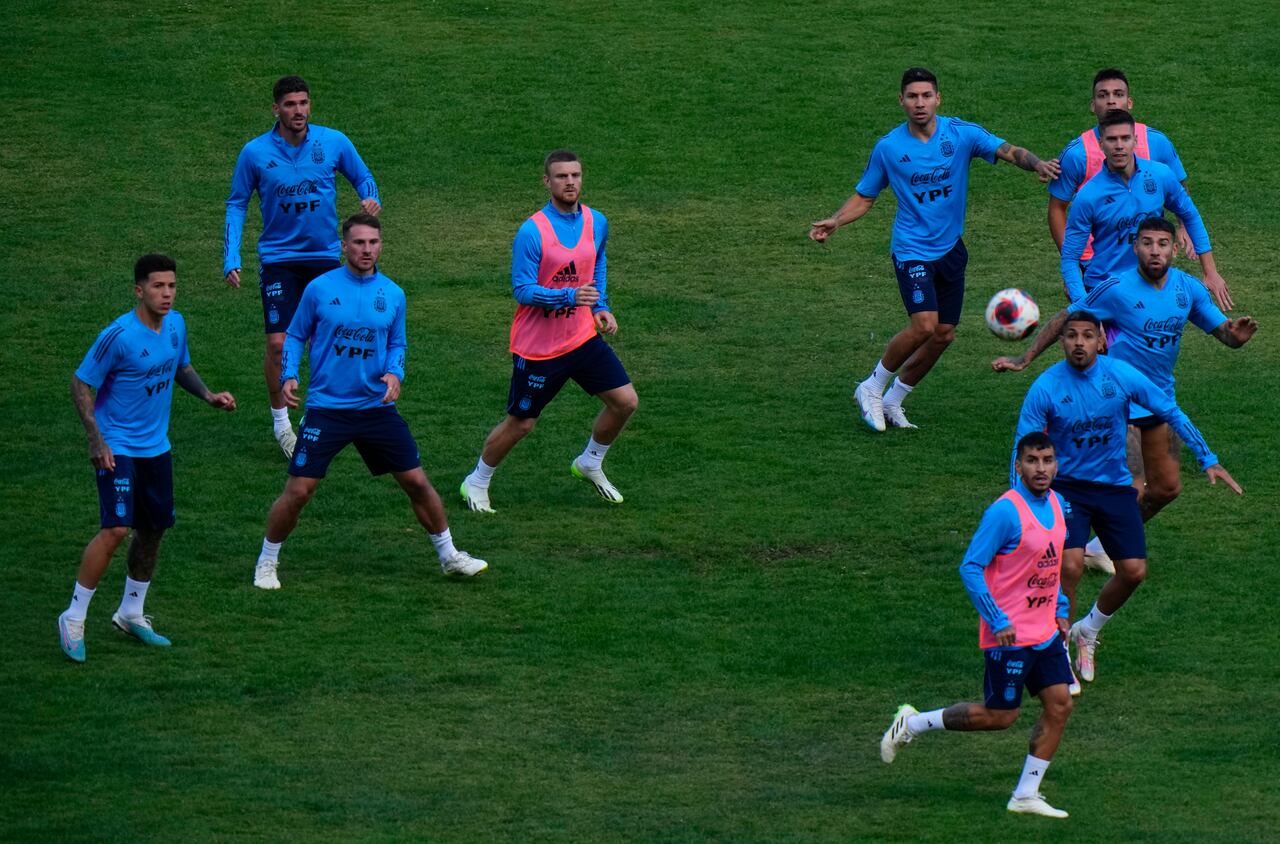 Argentina's national soccer team practices during a team practice in La Paz, Bolivia, Monday, Sept. 11, 2023. Argentina will face Bolivia for a qualifying soccer match for the FIFA World Cup 2026, in La Paz, on Tuesday (AP Photo/Juan Karita)