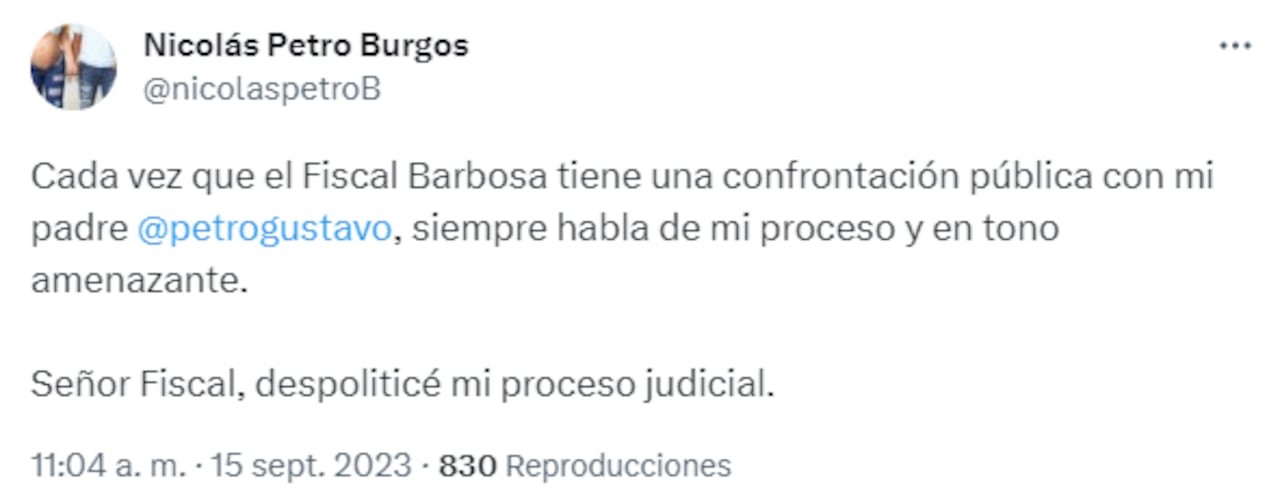 Trino de Nicolás Petro contra el fiscal Francisco Barbosa