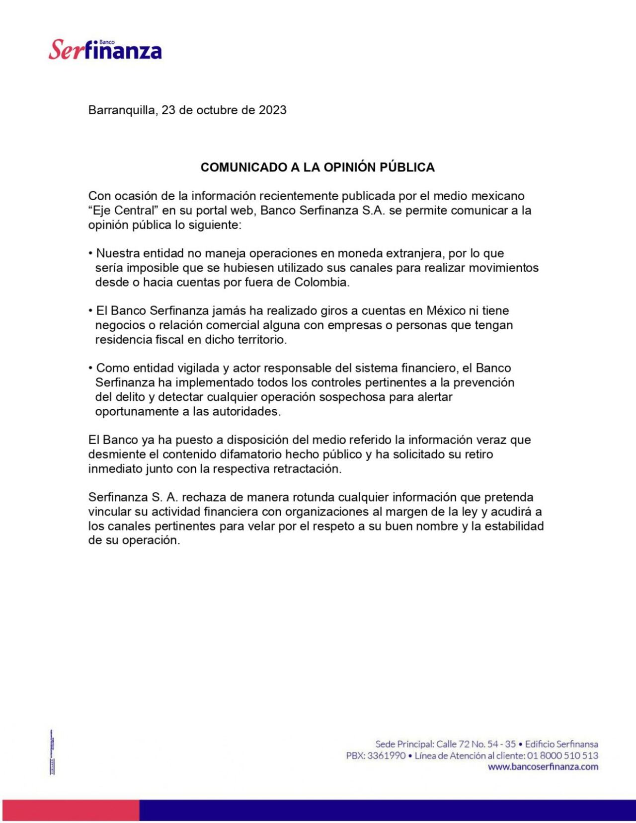 Comunicado emitido por Banco Serfinanza.