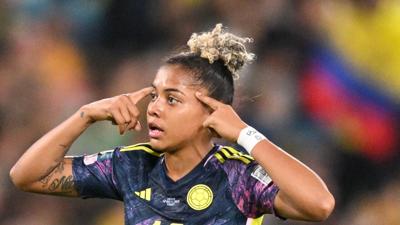 Colombia's midfielder #19 Jorelyn Carabali celebrates her team's first goal during the Australia and New Zealand 2023 Women's World Cup quarter-final football match between Colombia and England at Stadium Australia in Sydney on August 12, 2023. (Photo by Izhar KHAN / AFP)