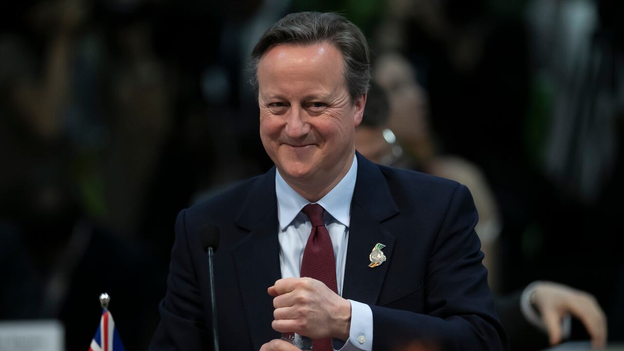 El canciller británico, David Cameron, en la reunión de ministros de Asuntos Exteriores del G20 en Río de Janeiro, Brasil, el miércoles 21 de febrero de 2024. (AP Foto/Bruna Prado)