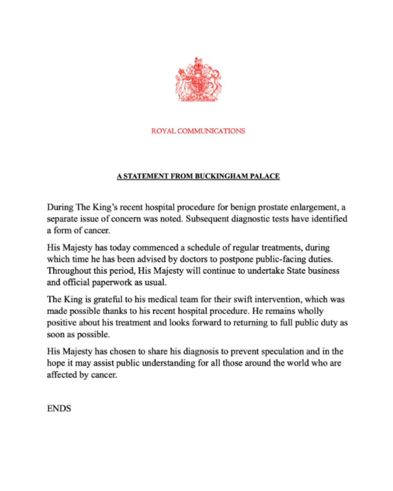 El Rey Carlos III diagnosticado de cáncer, según informó el Palacio de Buckingham por medio de un comunicado.