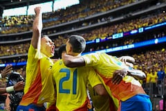 Jun 24, 2024; Houston, TX, USA; Colombia midfielder Jefferson Lerma (16) is congratulated by teammates after scoring a goal during the first half against Paraguay at NRG Stadium. Mandatory Credit: Maria Lysaker-USA TODAY Sports