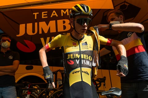 Jumbo Visma's Jonas Vingegaard prepares ahead of the start of the thirteen stage of La Vuelta between Pamplona and Lekunberri, 158,5 km (98.4 miles) in Pamplona, northern Spain, Sunday Sept. 10, 2023. (AP Photo/Alvaro Barrientos)