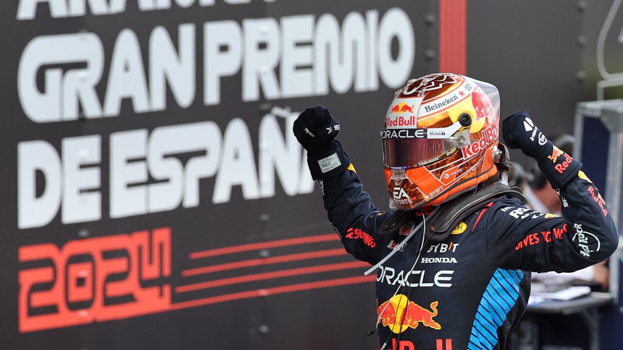 Red Bull's Dutch driver Max Verstappen celebrates winning the Spanish Formula One Grand Prix at the Circuit de Catalunya on June 23, 2024 in Montmelo, on the outskirts of Barcelona. (Photo by Thomas COEX / AFP)