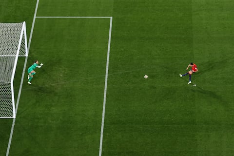 SYDNEY, AUSTRALIA - AUGUST 20: (EDITORS NOTE: In this photo taken from a remote camera above the pitch.) Mary Earps of England saves the penalty taken by Jennifer Hermoso of Spain  during the FIFA Women's World Cup Australia & New Zealand 2023 Final match between Spain and England at Stadium Australia on August 20, 2023 in Sydney, Australia. (Photo by Catherine Ivill/Getty Images)