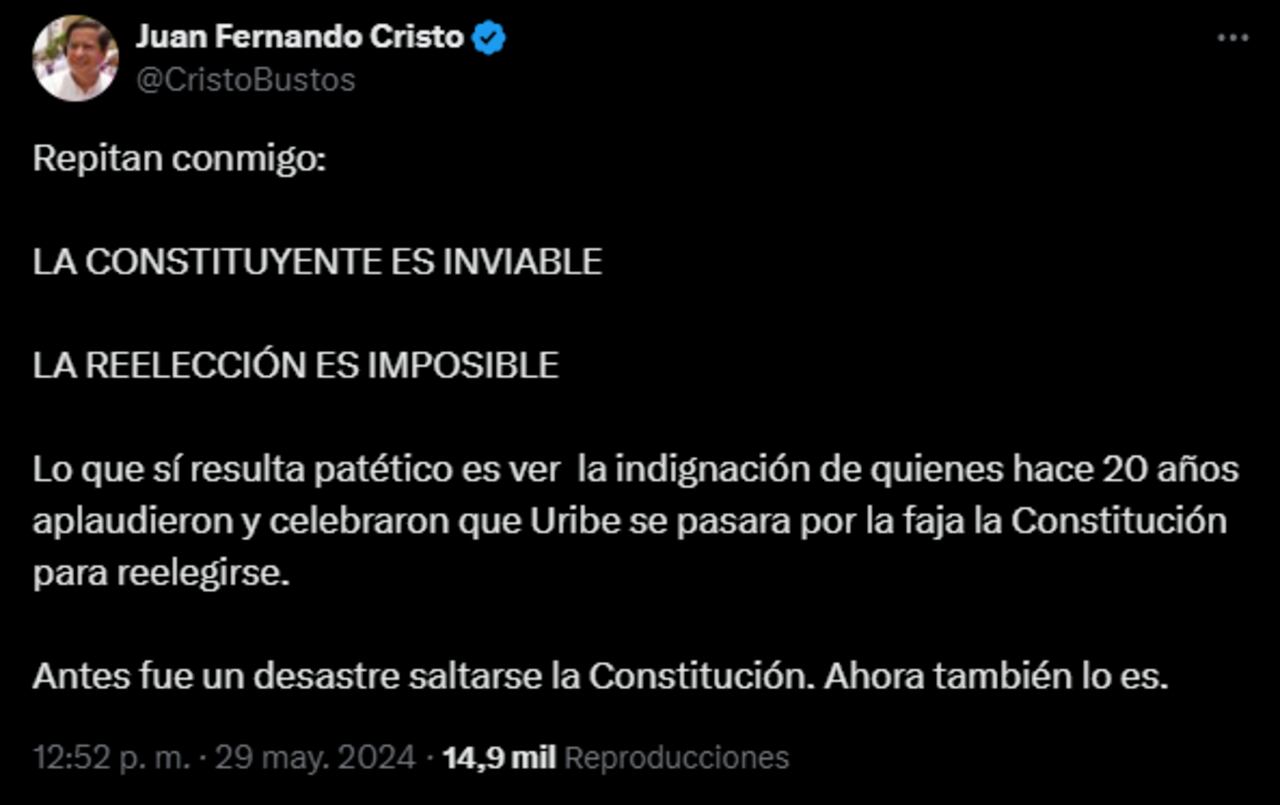 Juan Fernando Cristo había señalado que llevar a cabo una constituyente es "inviable".